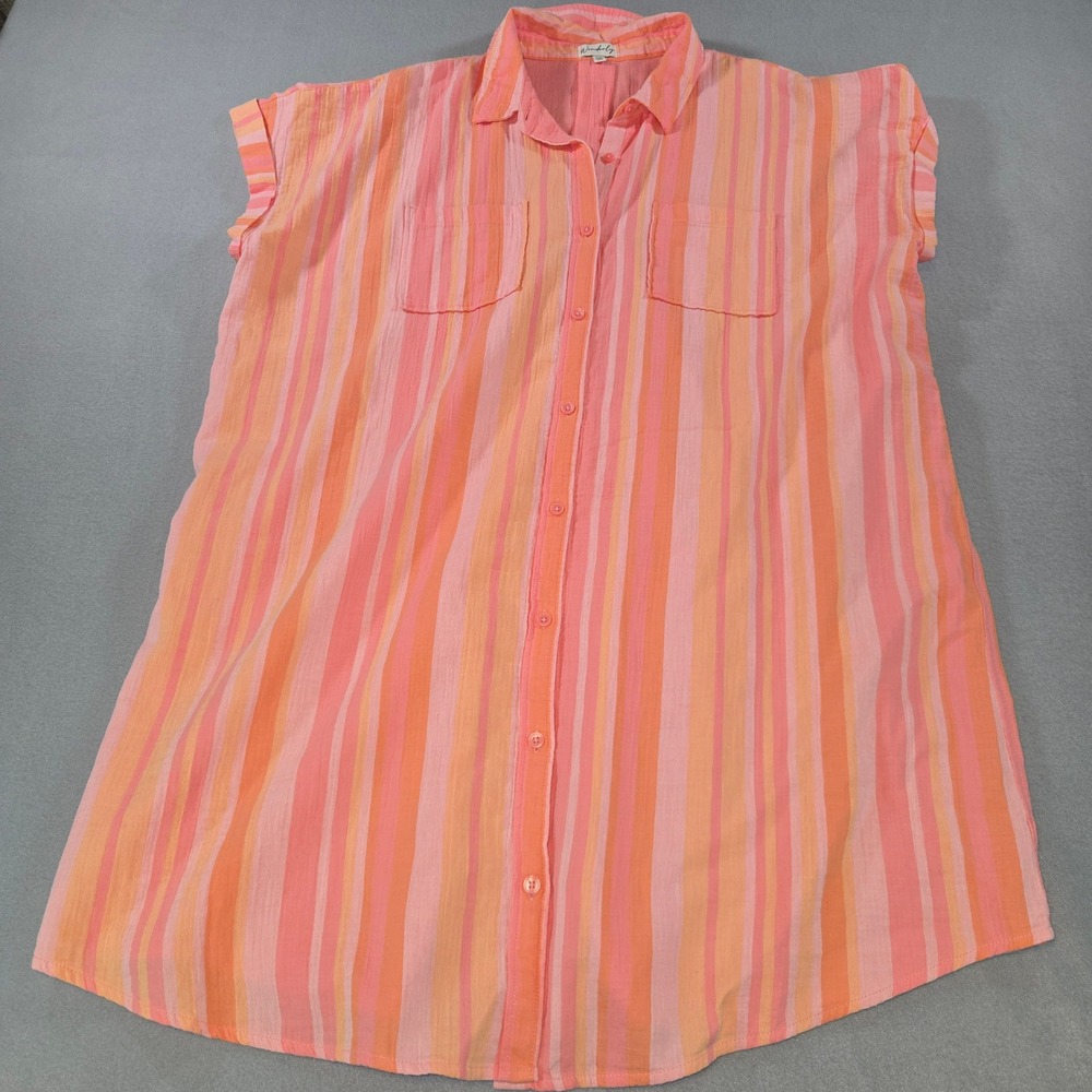 Wonderly Button Down Dress Women XXL Pink Orange Striped Cotton Cap Sleeve Tunic